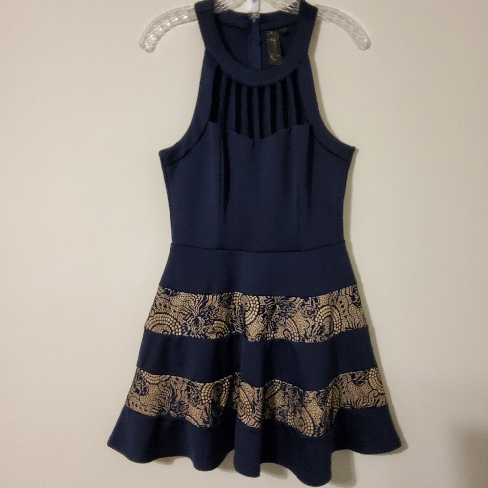 Trixxi Navy Blue Bonded Lace Cage Stretch Fit And Flare Dress Size 9